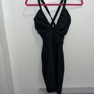 Solemio ruched v front halter mini dress black